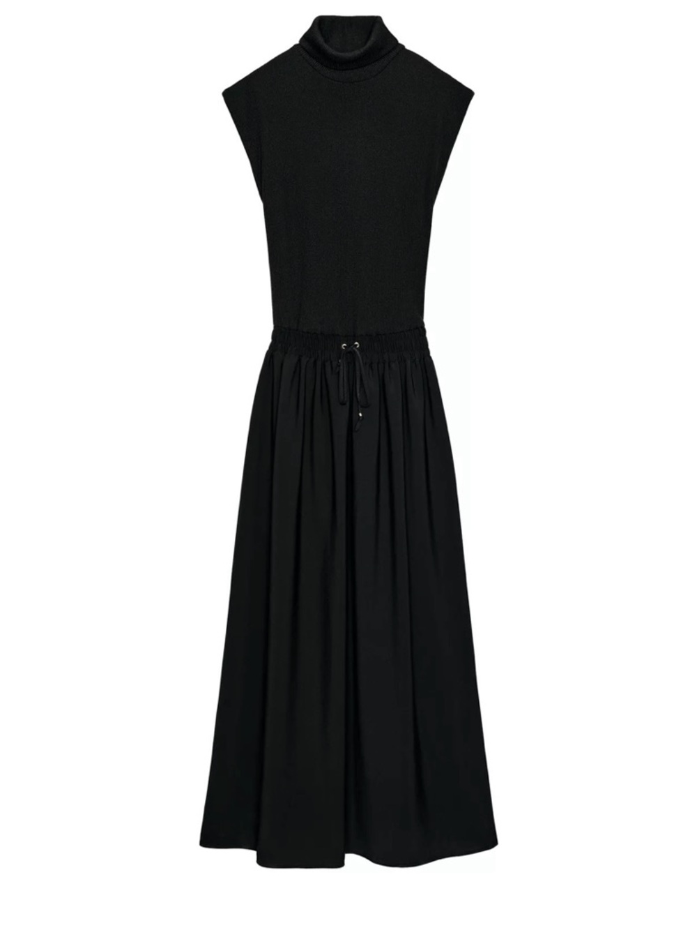 Zara Black Sleeveless Turtleneck Midi Dress with Drawstring Waist